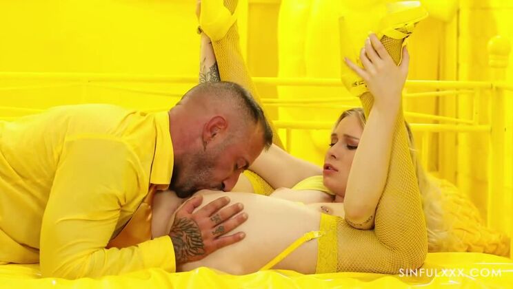 Blonde Tattooed Babe Sucks Hard in Yellow