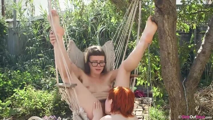 Brunette and Redhead Lesbians Fingering Outdoor