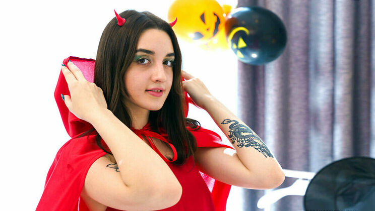 Brunette Teen Eva Tender in Fishnet on Halloween