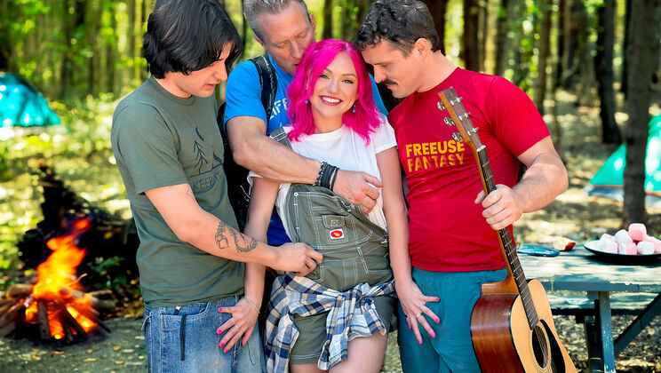 FreeUse Frenzy: Camper Cutie Gets Cum Covered