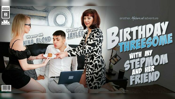 Blonde Laura and stepmom Jaylee share stepson for birthday sex