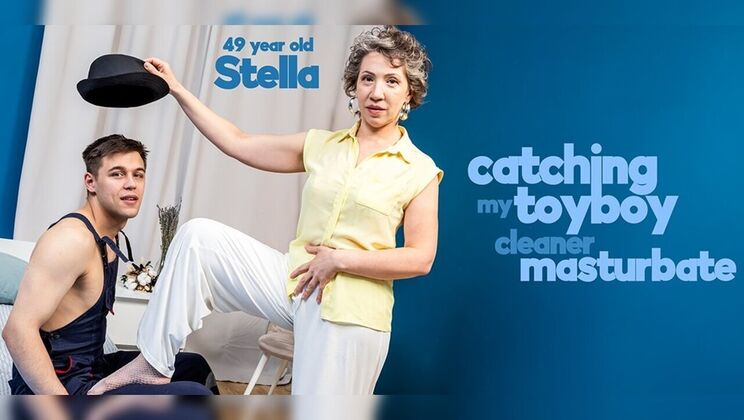 Stella the MILF with red lips catches her toyboy's hard cock and loves sucking dick