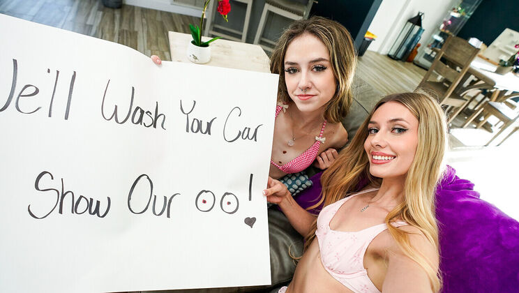 Shaved Blonde Stepsis And Brunette Pal - Carwash, Blowjob, And Feet Fun