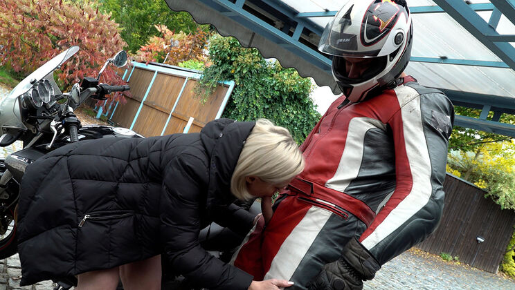 Blonde With Medium Tits Gives Head To A Biker